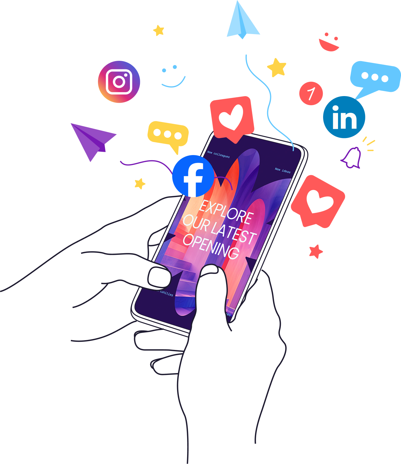 Hand holding phone with social icons