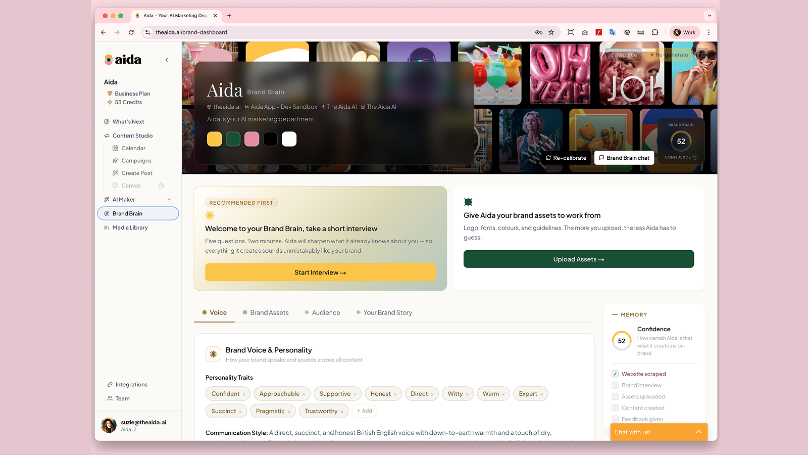 Aida Brand Brain dashboard showing brand voice, personality traits, and content strategy.