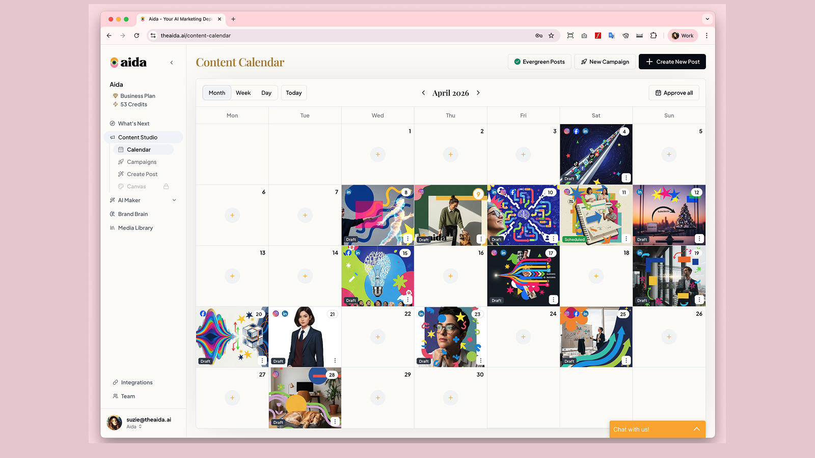 Aida Content Calendar showing a month of AI-generated posts across platforms.
